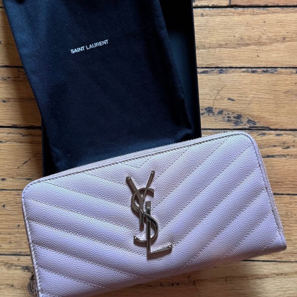 YSL‎ Laurent Pink Sakura Chevron Zippy Continental Wallet SHW Full Set